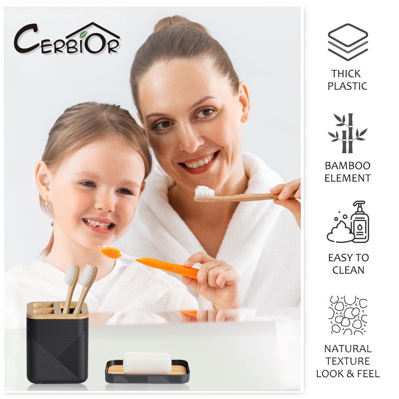 CERBIOR Bathroom Accessories Set 6 Piece Bamboo Bath Ensemble Includes Soap Dispenser  Toothbrush Holder  Toothbrush Cup  Soap Dish for Decorative Countertop and Housewarming Gift (Black) - Image 4